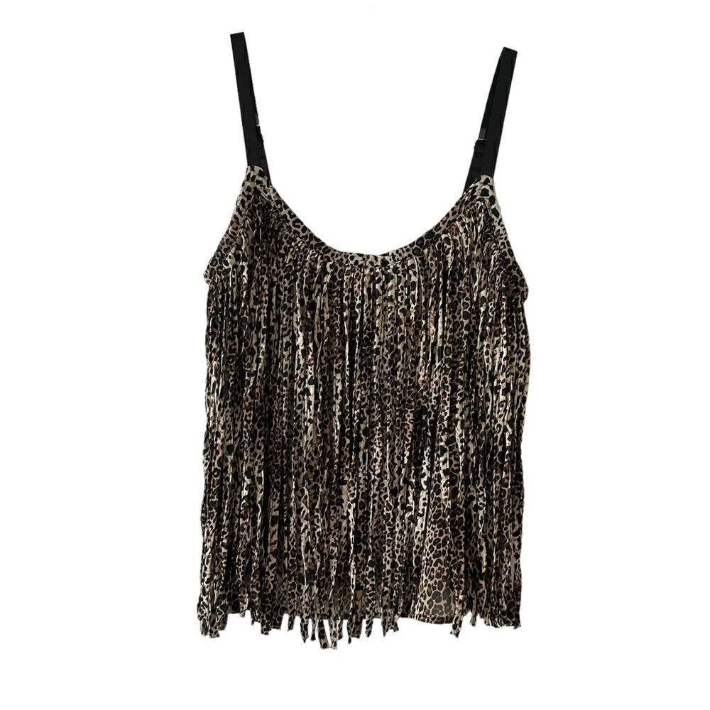 Comme leopard animal print tank top w/full fringe layer & adjustable straps